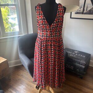 Kate Spade Sheer Silk Dress Black Red Pink block pattern